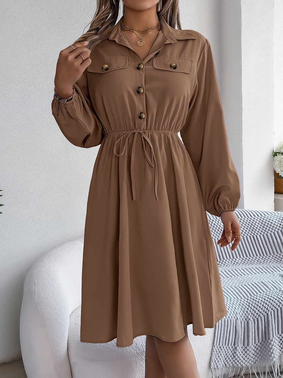 Collared Neck Long Sleeve Midi Dress with Pockets