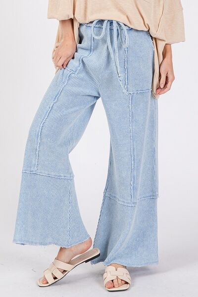 Boho Beachy Waffle Textured Wide Leg Mineral Washed Pants