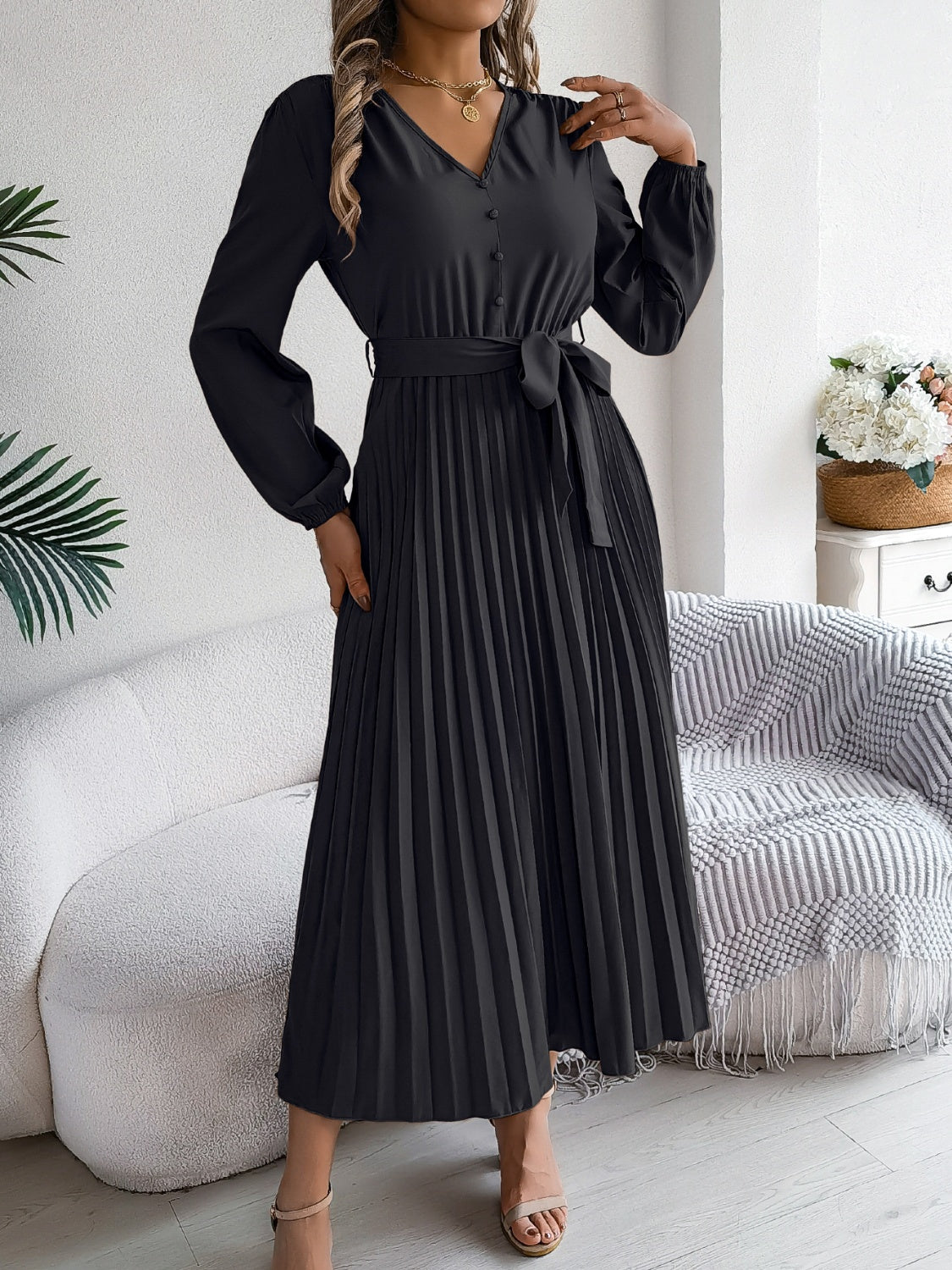 Pleated Tied V-Neck Long Sleeve Midi Dress