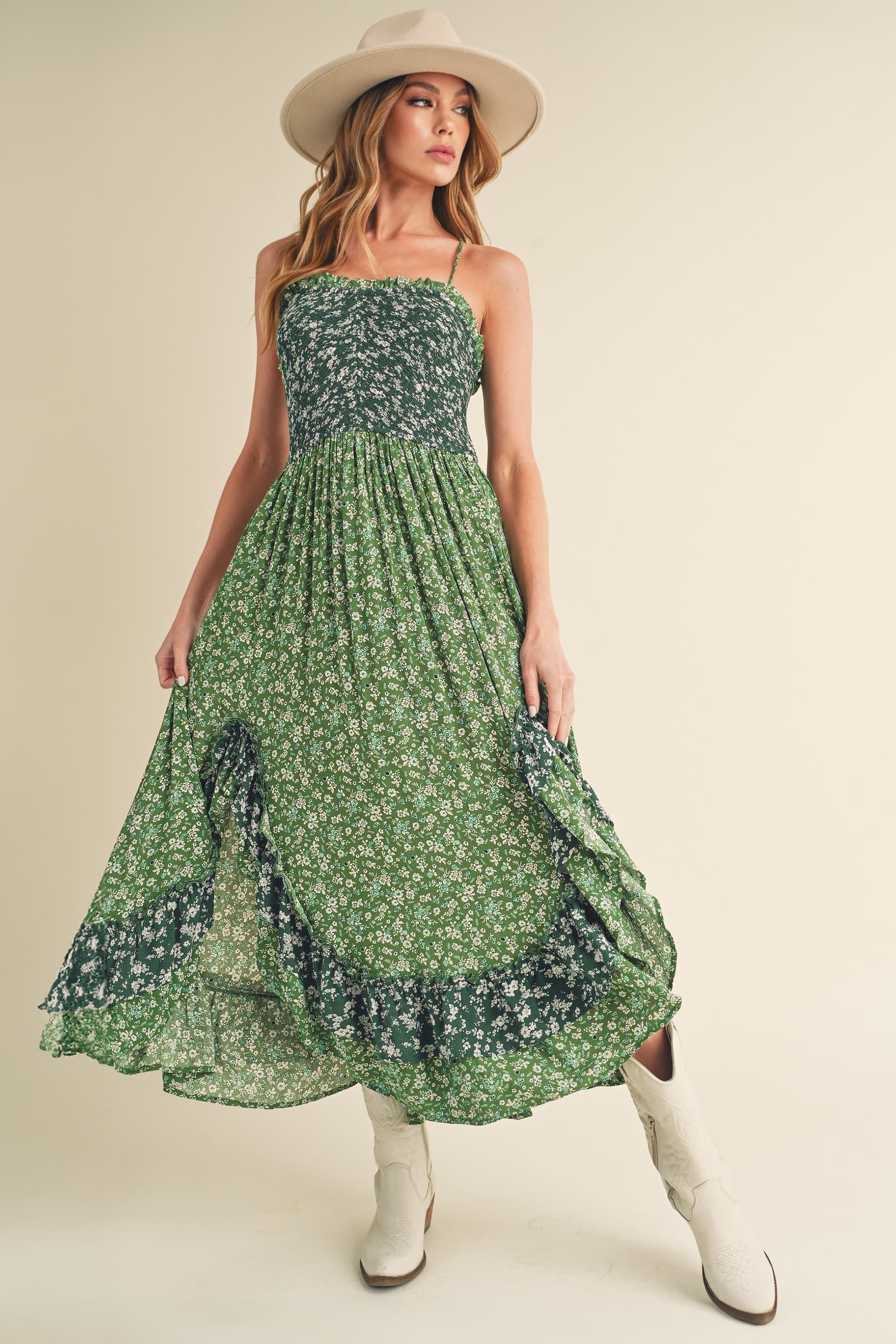 Summer Green Floral Ruffled Hem Maxi Cami Dress