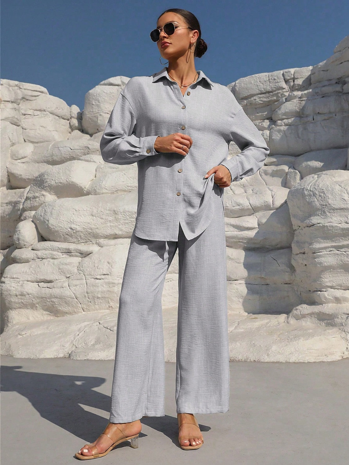 Button Up Long Sleeve Resort Top and Pants Set