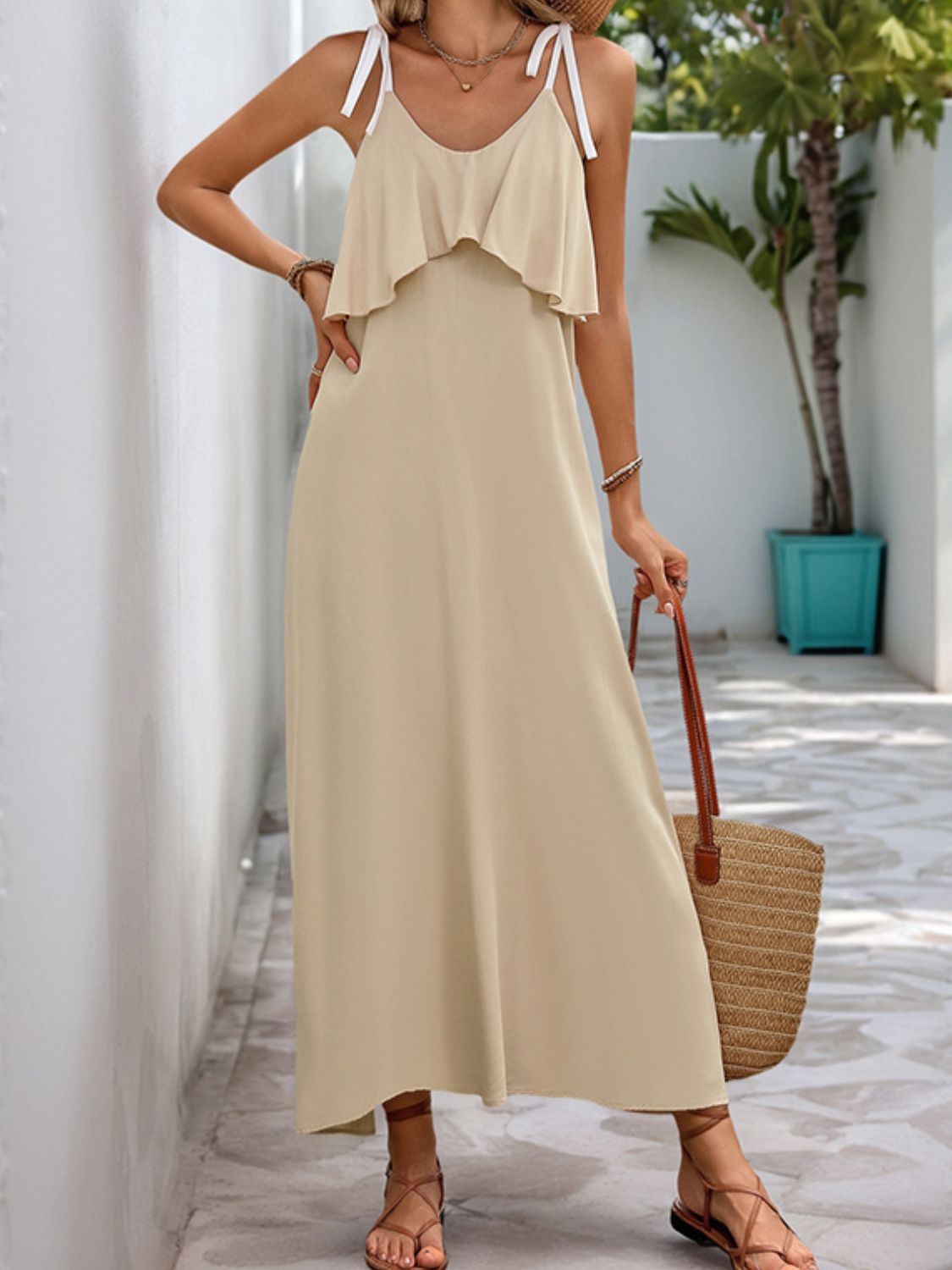 Tie Shoulder Tan Sleeveless Midi Resort Dress