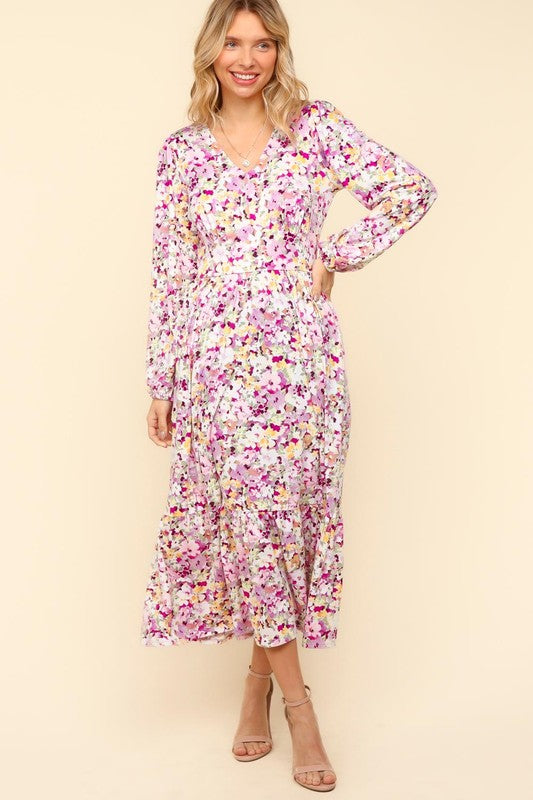 Full Size Floral Long Sleeve Summer Maxi Dress with Side Pockets