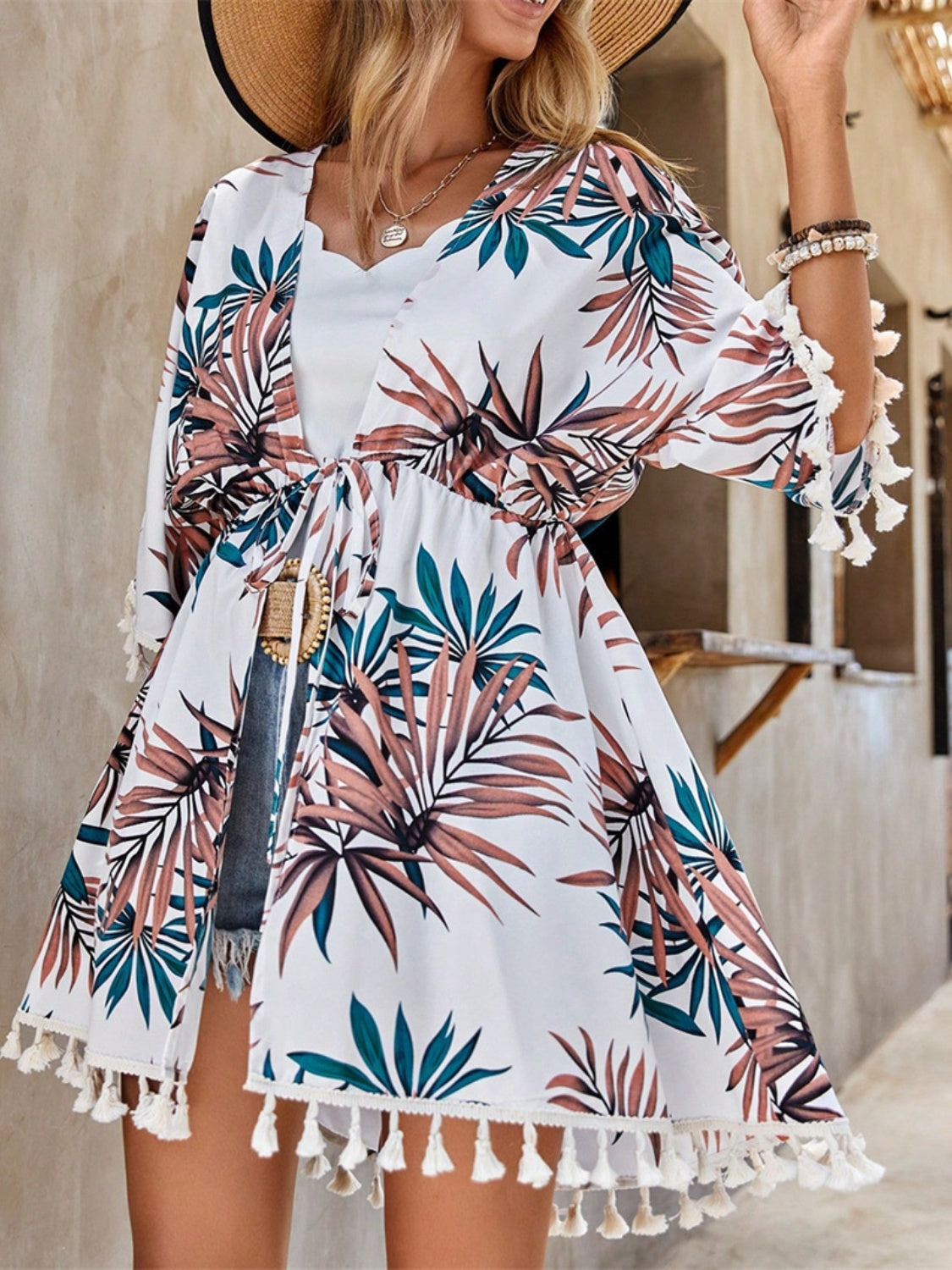 Tassel Tied Printed Half Sleeve Beach Cover Up