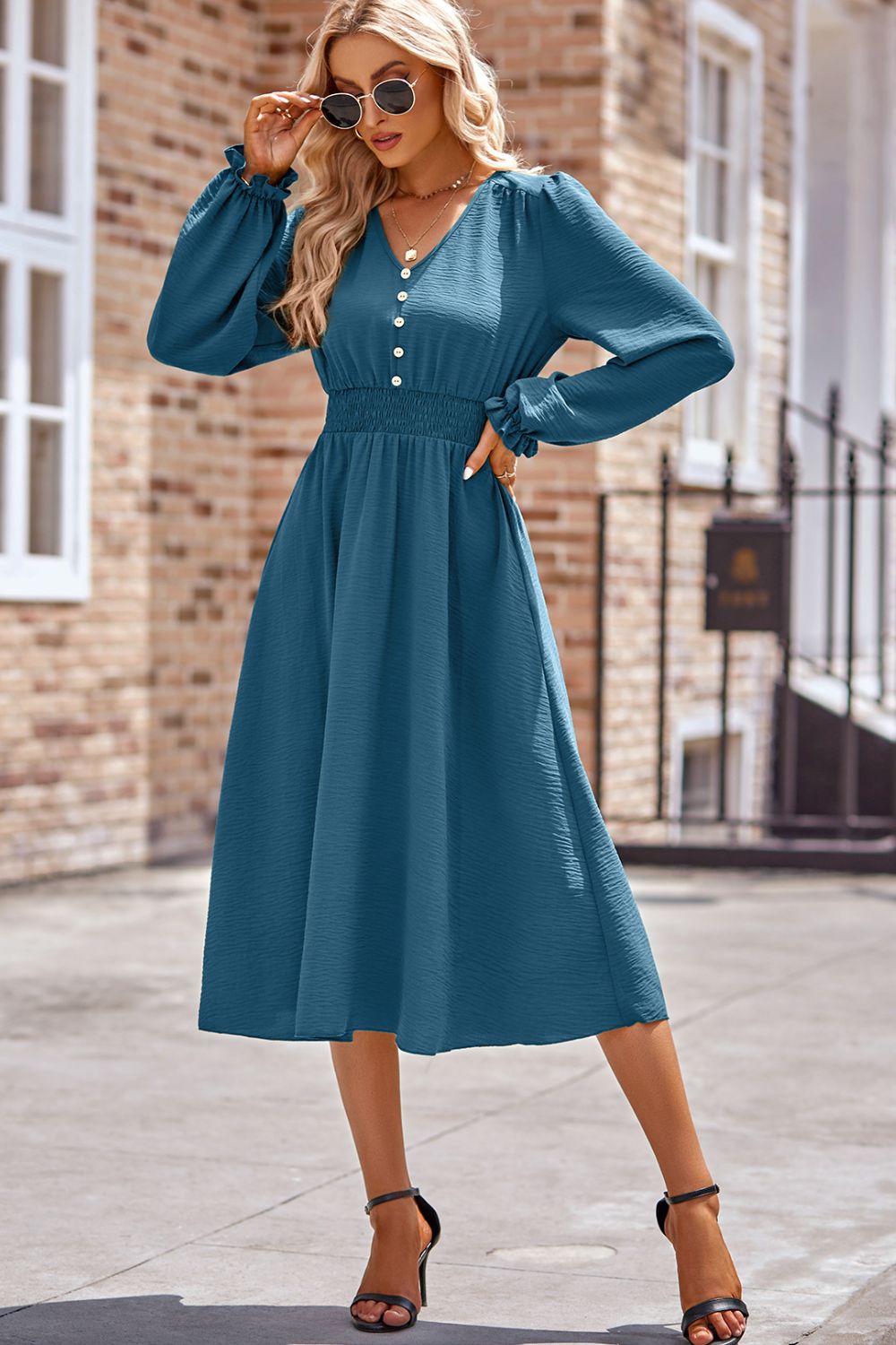 Flounce Sleeve Midi Work Dress