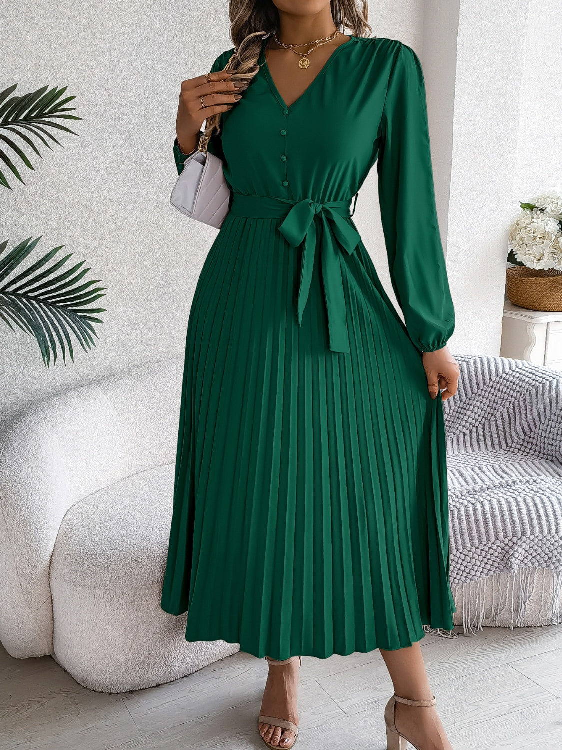 Pleated Tied V-Neck Long Sleeve Midi Dress