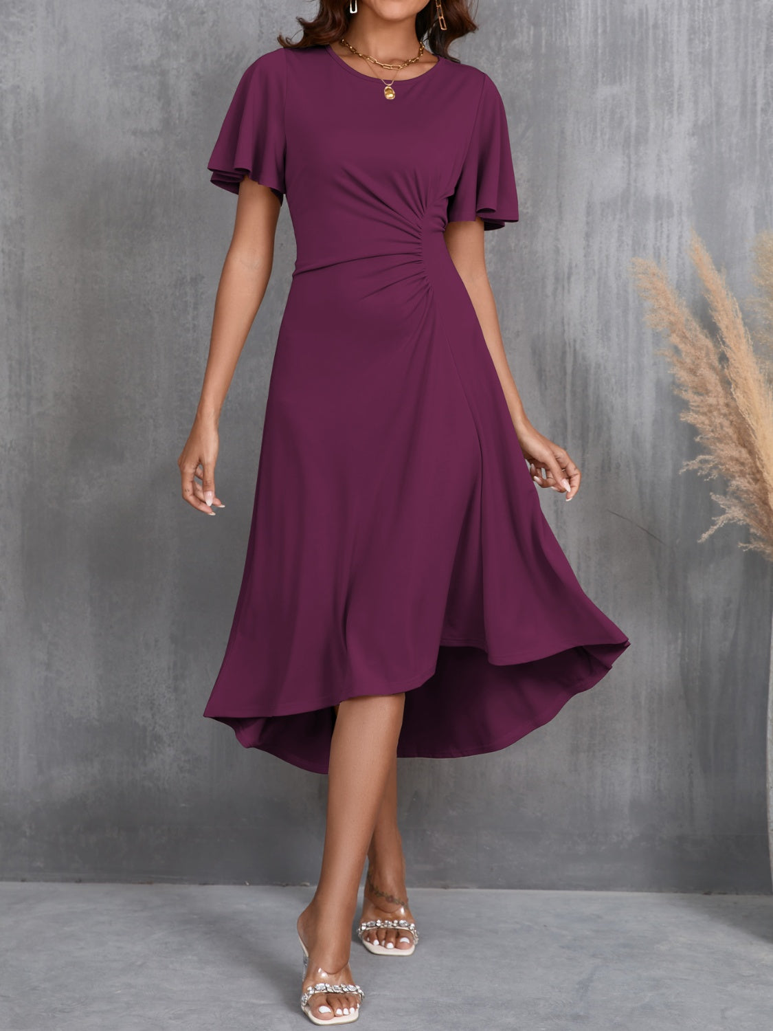 Round Neck Flutter Sleeve Midi Office Dress