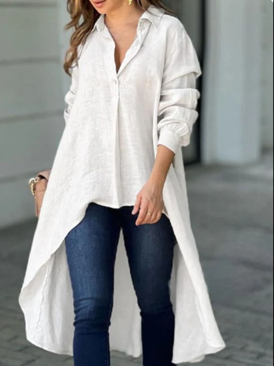 Full Size High-Low Collared Neck Long Sleeve Resort Shirt