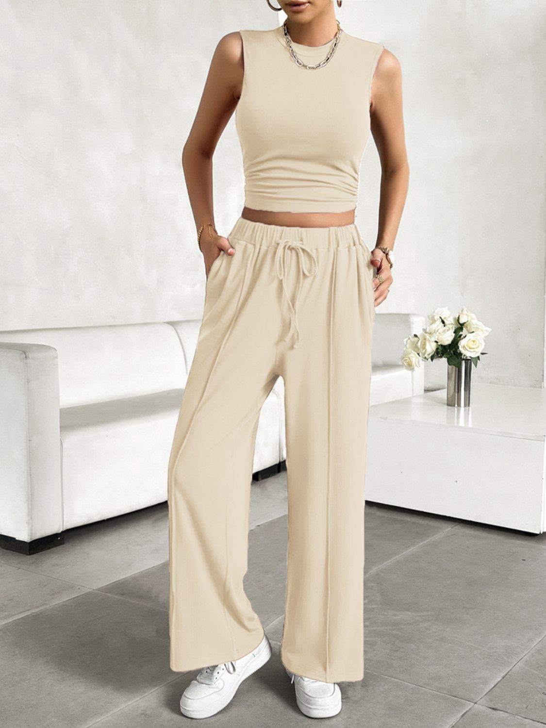 Sleeveless Top and Drawstring Resort Pants Set