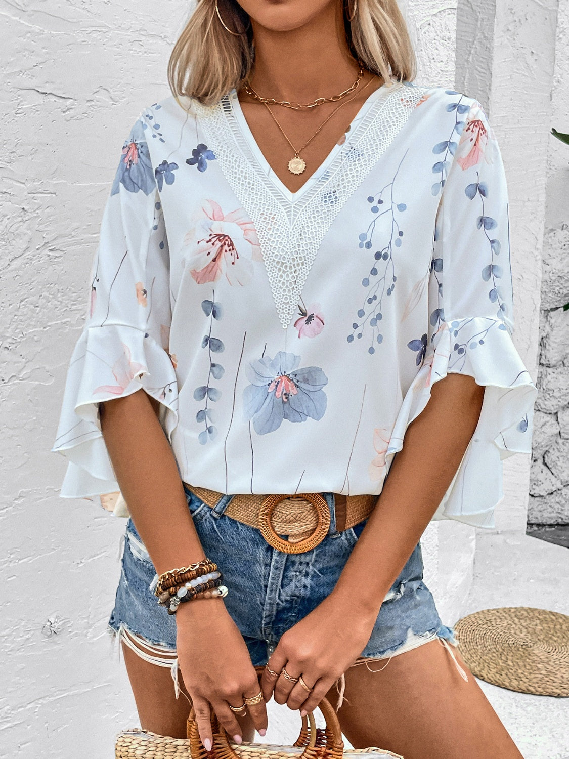 Feminine  Ruffled Printed V-Neck Half Sleeve Blouse