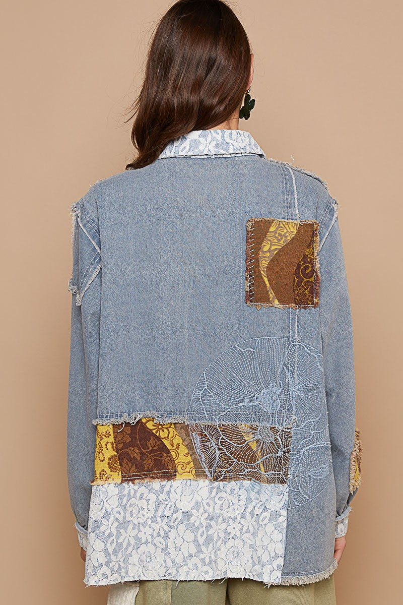 Raw Hem Twill Contrast Button Up Boho Shacket Top