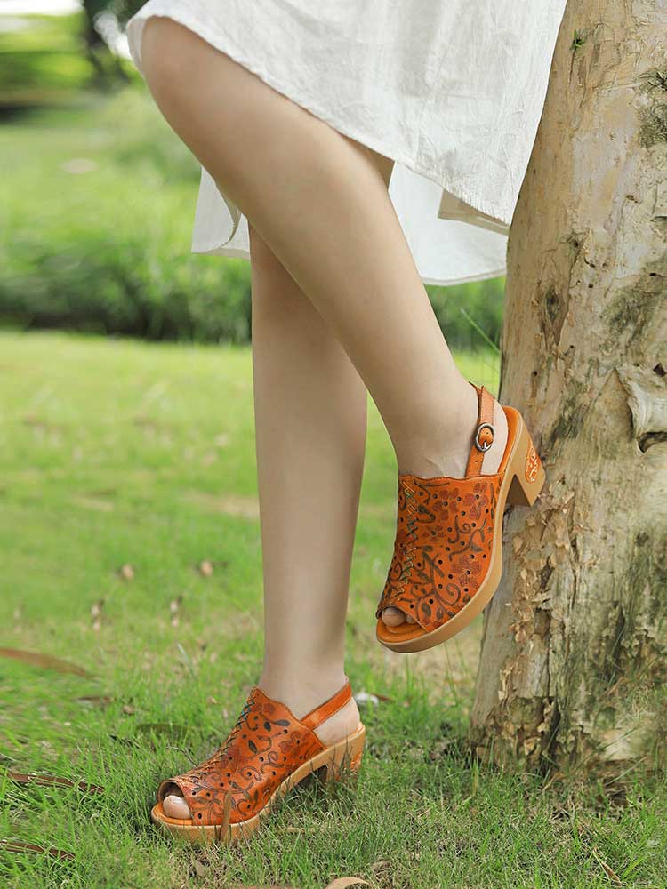 Artisan Handmade Fish Mouth Genuine Leather High Heel Sandals