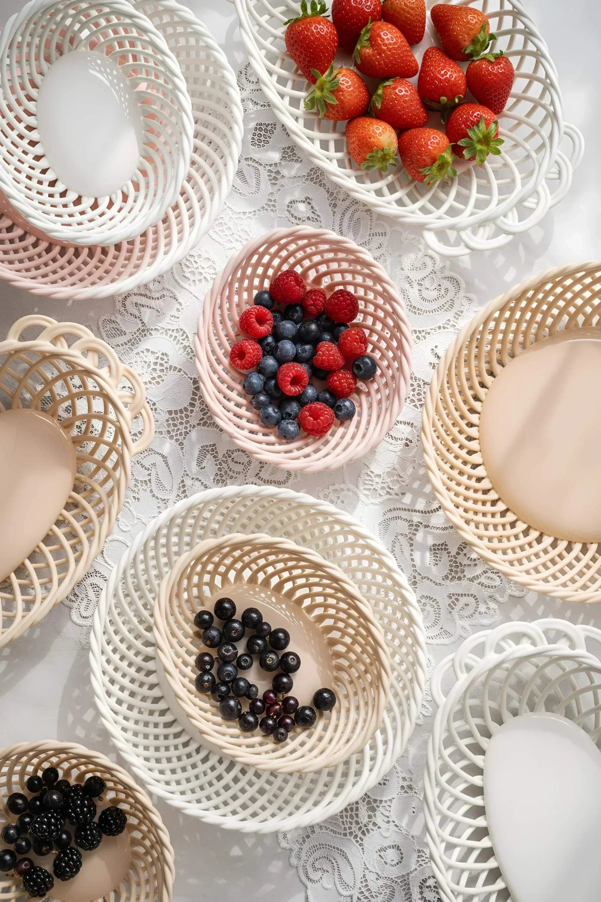 Ceramic Round Hand-Woven Basket – White, Beige & Pink Glazed Porcelain