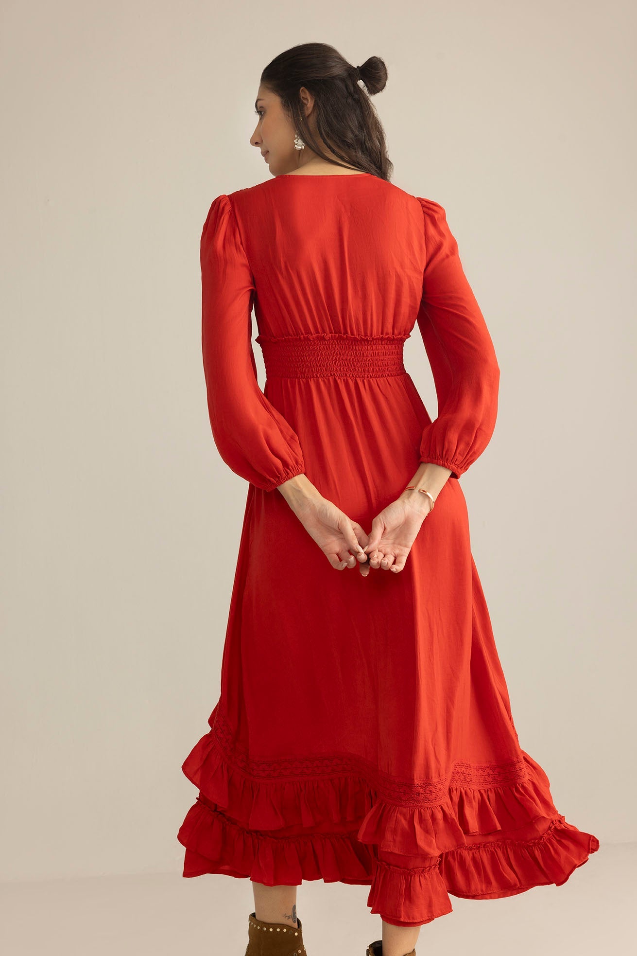 Rumba Rouge Satin Midi Dress in Spiced Red