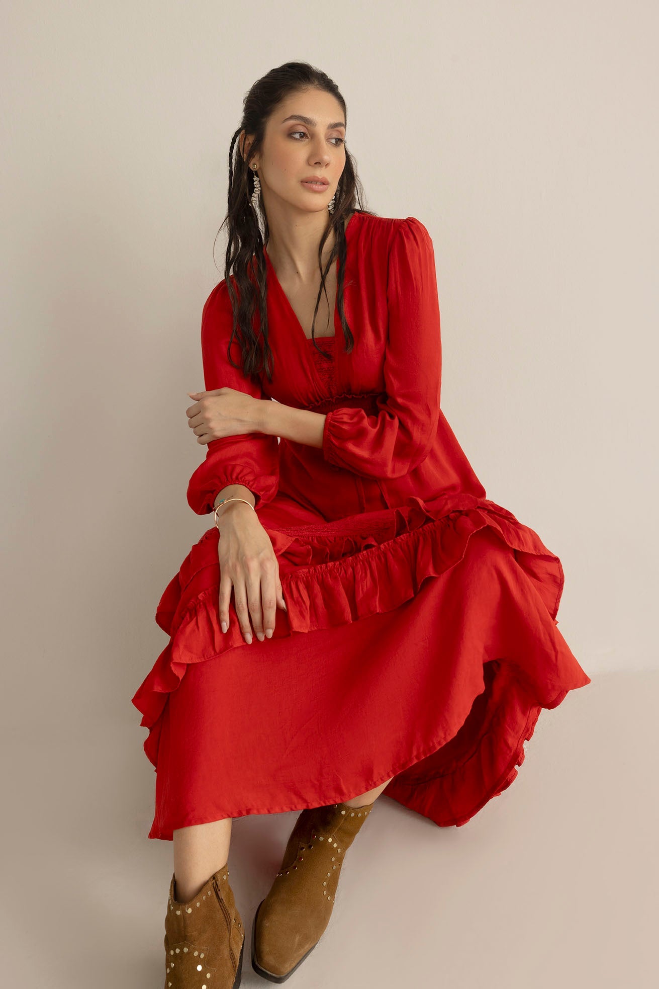 Rumba Rouge Satin Midi Dress in Spiced Red