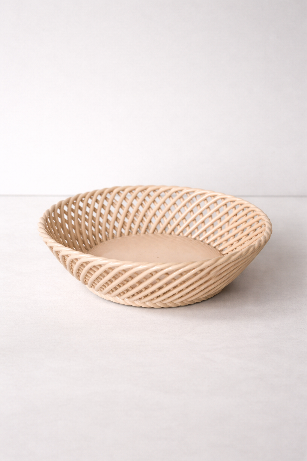 Ceramic Round Hand-Woven Basket – White, Beige & Pink Glazed Porcelain