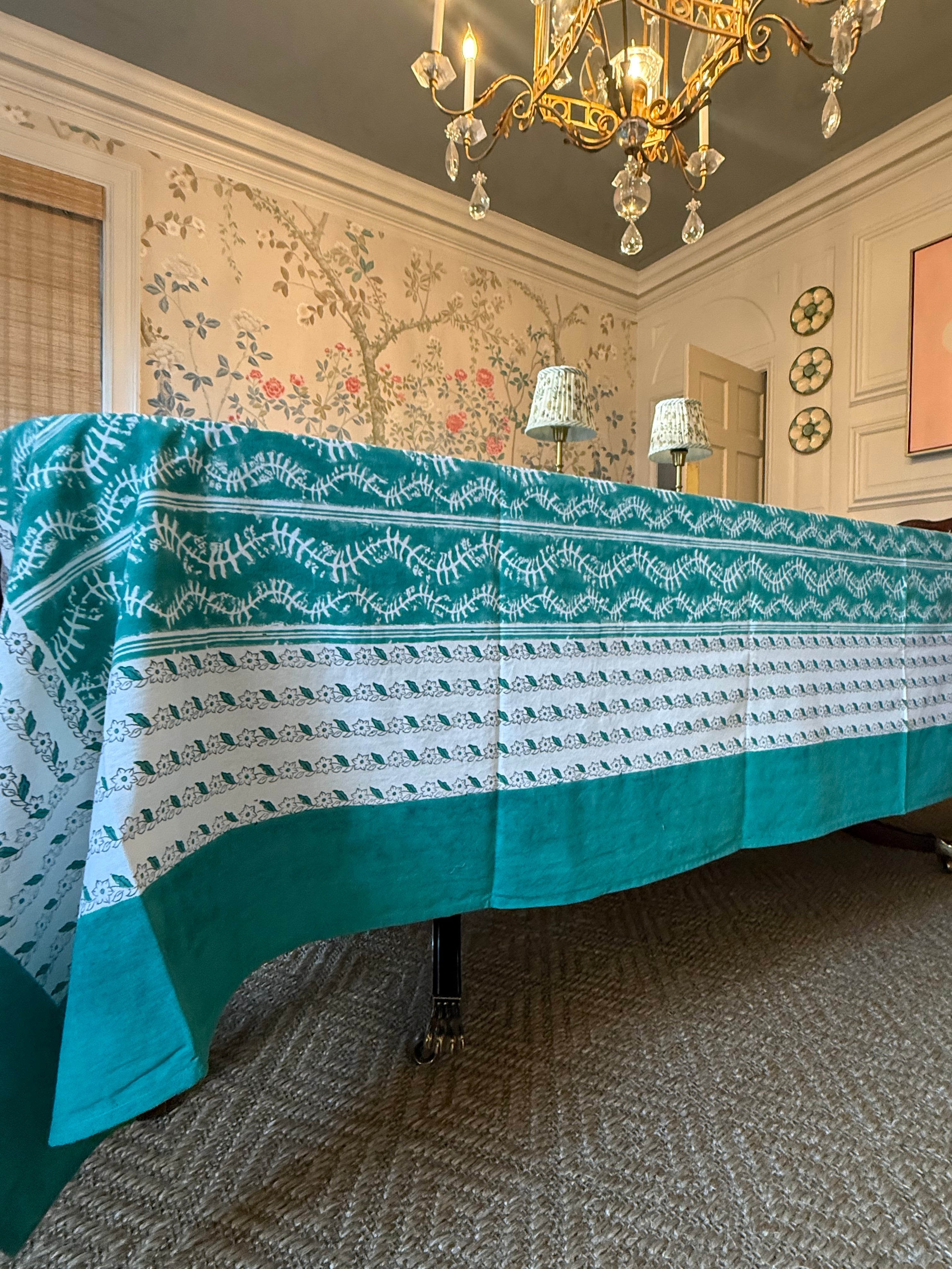 Bluebell Tablecloth in Emerald - Handmade