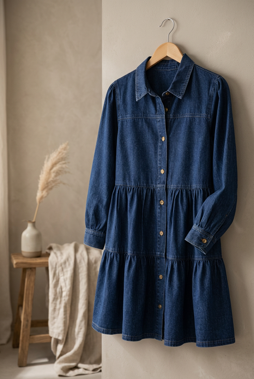 Button Down Babydoll Ruffle Soft Denim Mini Dress