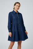 Button Down Babydoll Ruffle Soft Denim Mini Dress
