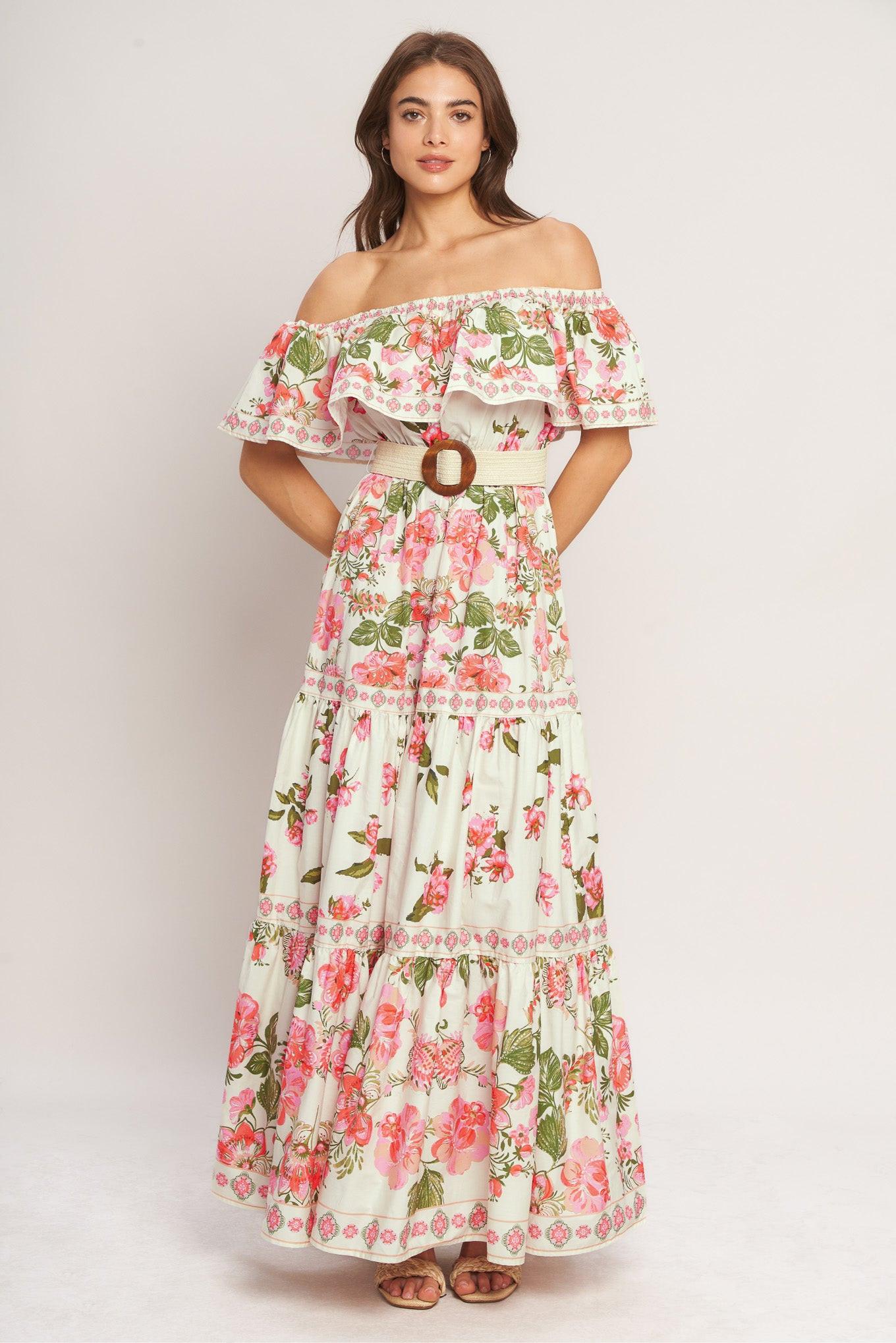 Ruffle Off Shoulder Maxi Dress - 100% Cotton