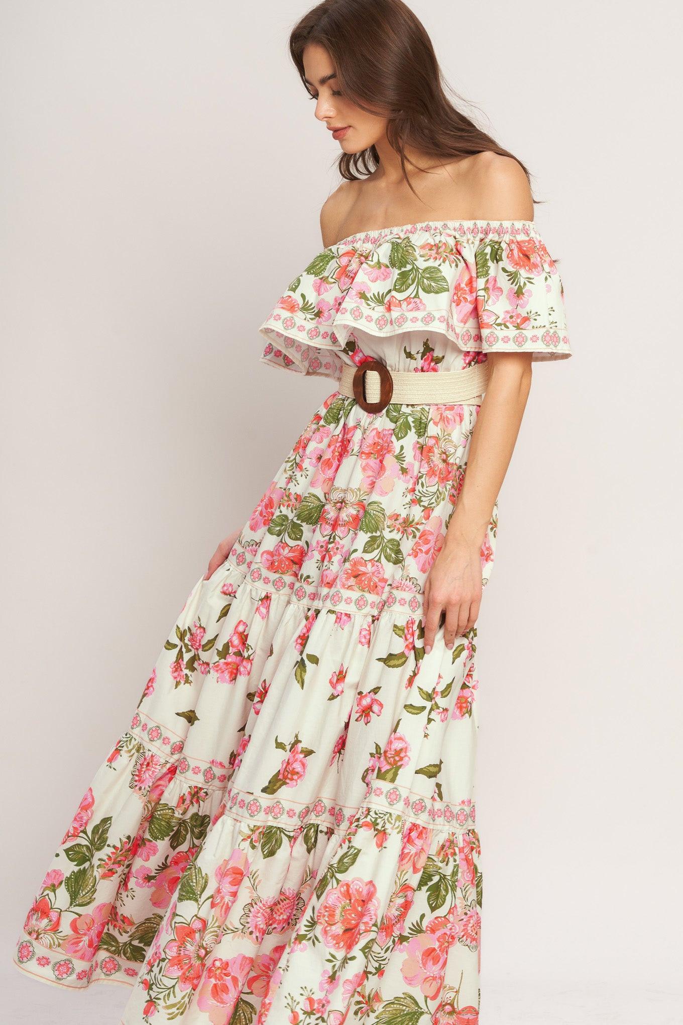 Ruffle Off Shoulder Maxi Dress - 100% Cotton