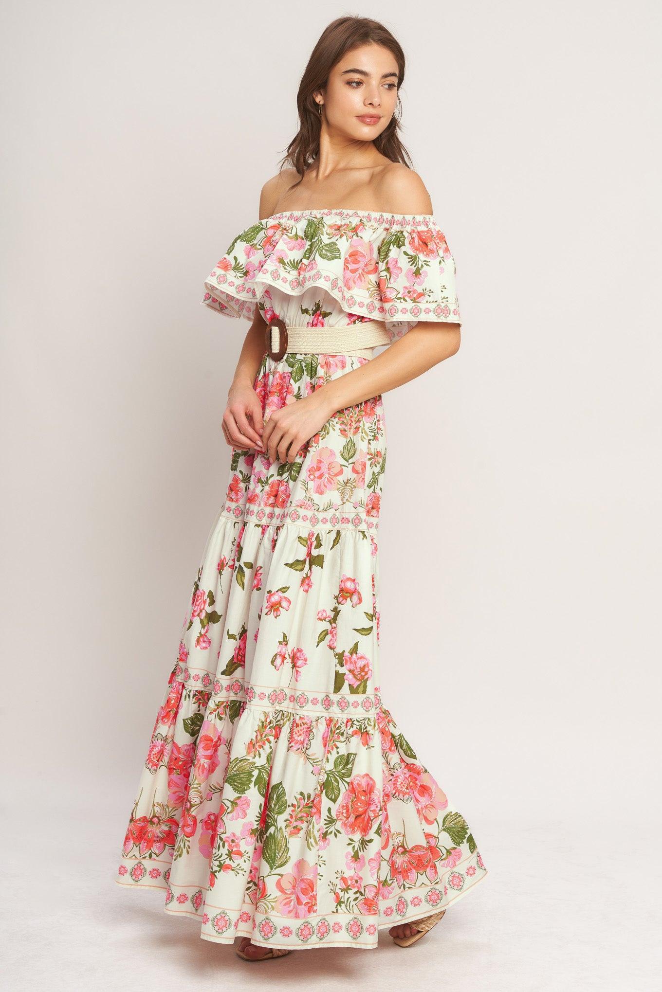 Ruffle Off Shoulder Maxi Dress - 100% Cotton