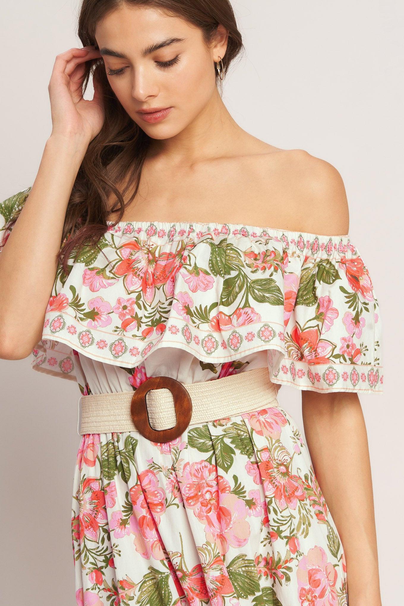 Ruffle Off Shoulder Maxi Dress - 100% Cotton