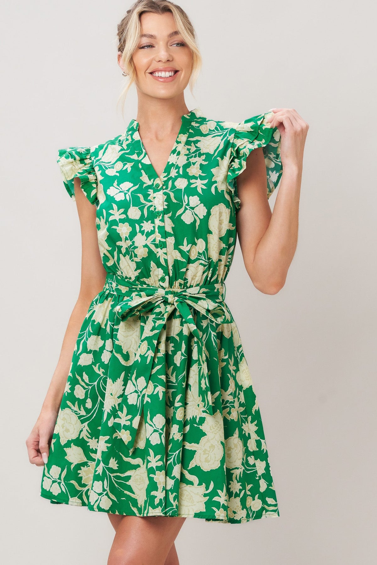 Green Ruggle Cap Sleeve Mini Dress 100% Cotton