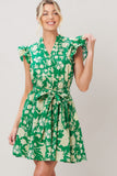 Green Ruggle Cap Sleeve Mini Dress 100% Cotton