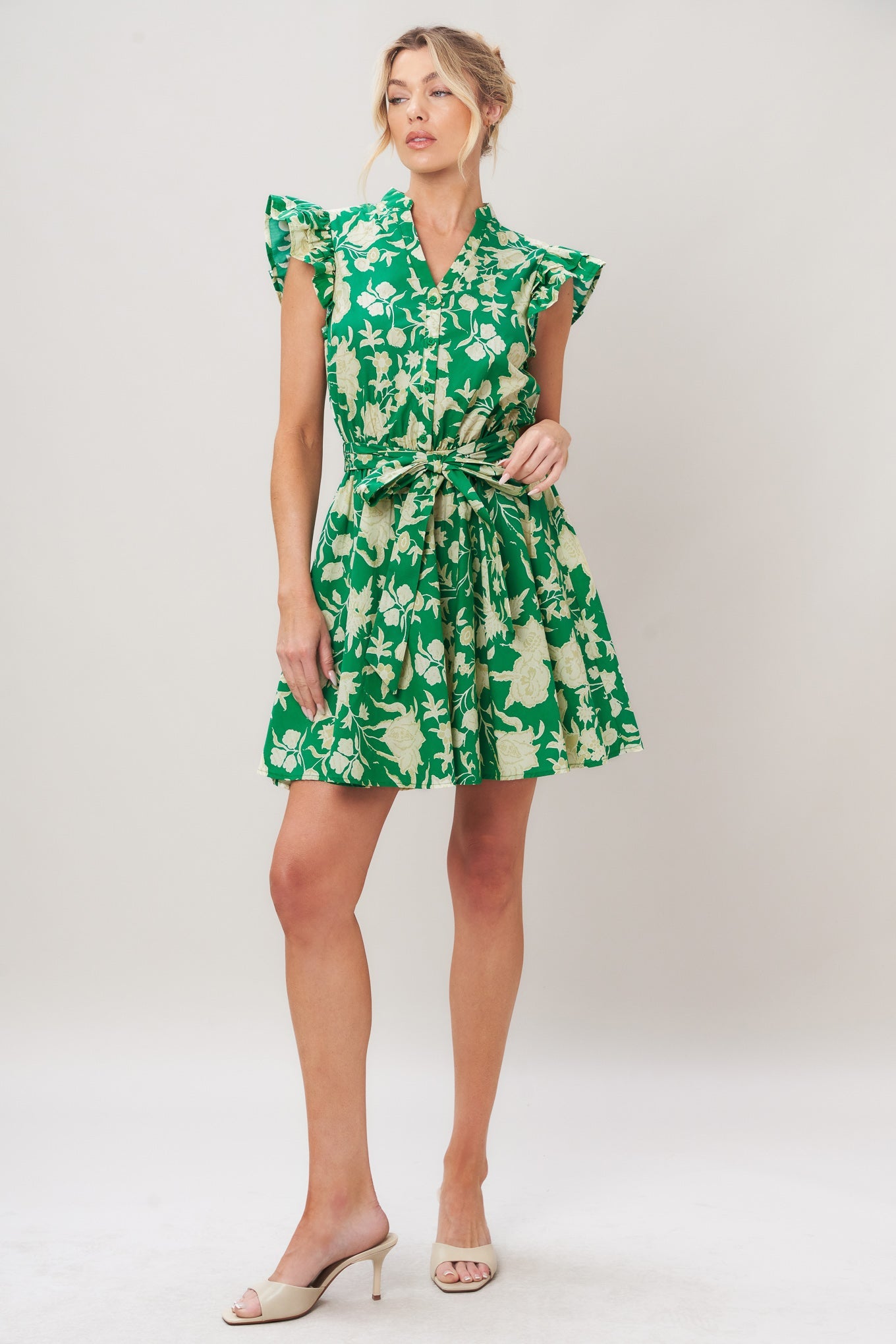 Green Ruggle Cap Sleeve Mini Dress 100% Cotton