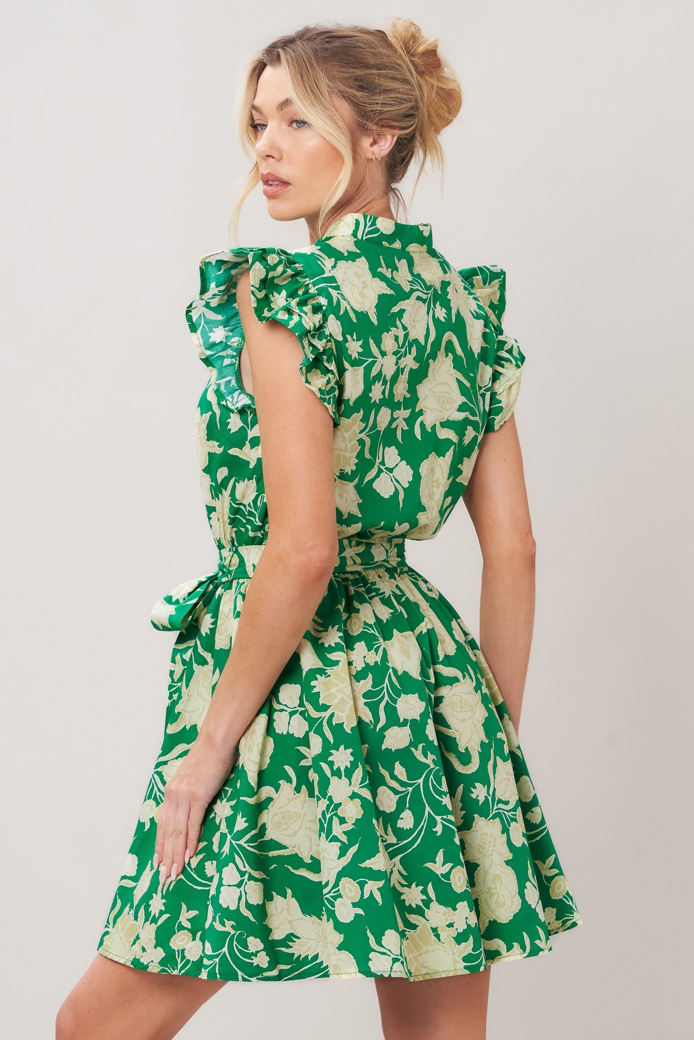 Green Ruggle Cap Sleeve Mini Dress 100% Cotton