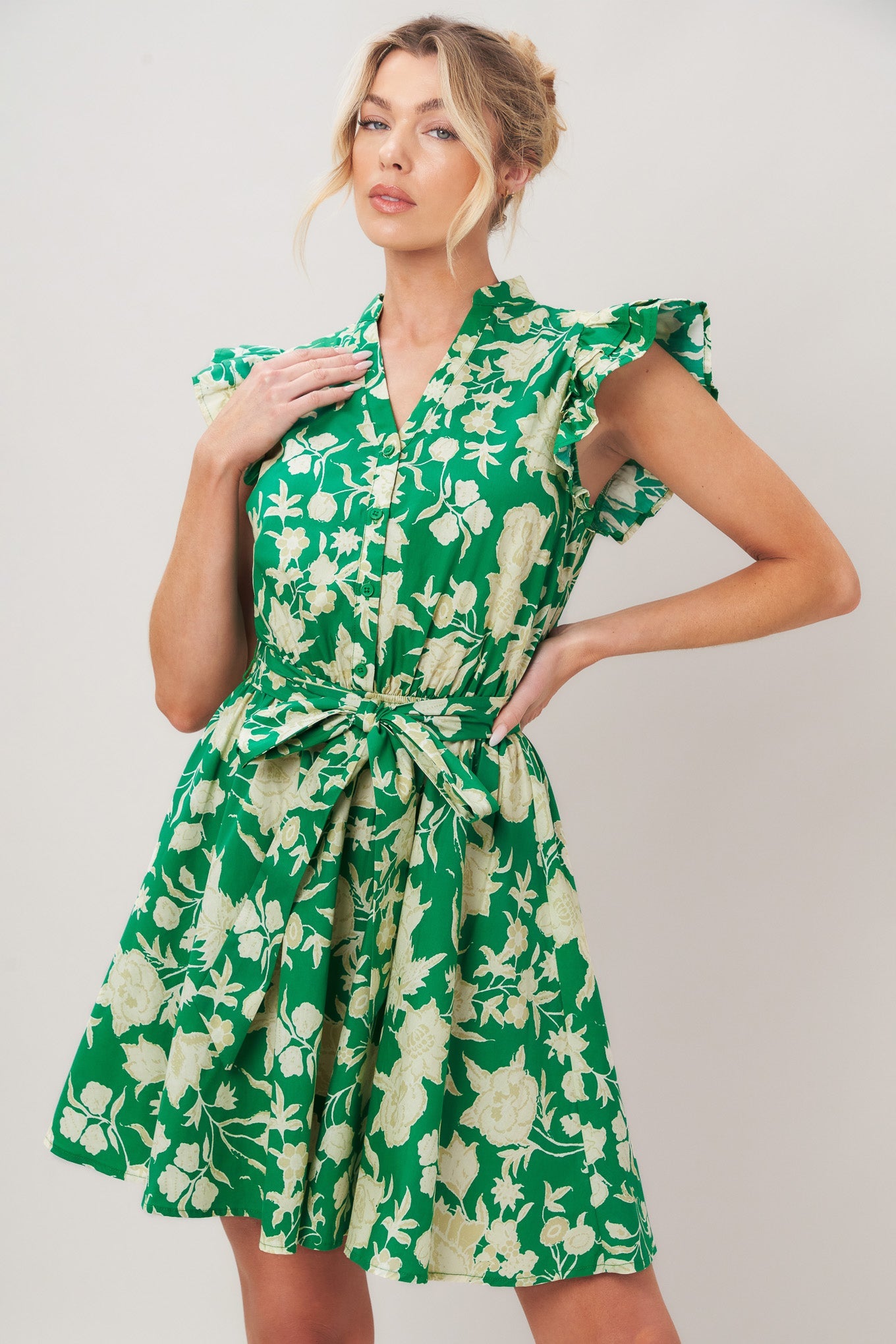 Green Ruggle Cap Sleeve Mini Dress 100% Cotton