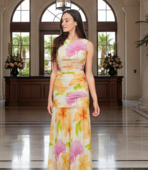 Tropical Warm Breeze Blooms Resort Mesh Maxi Dress