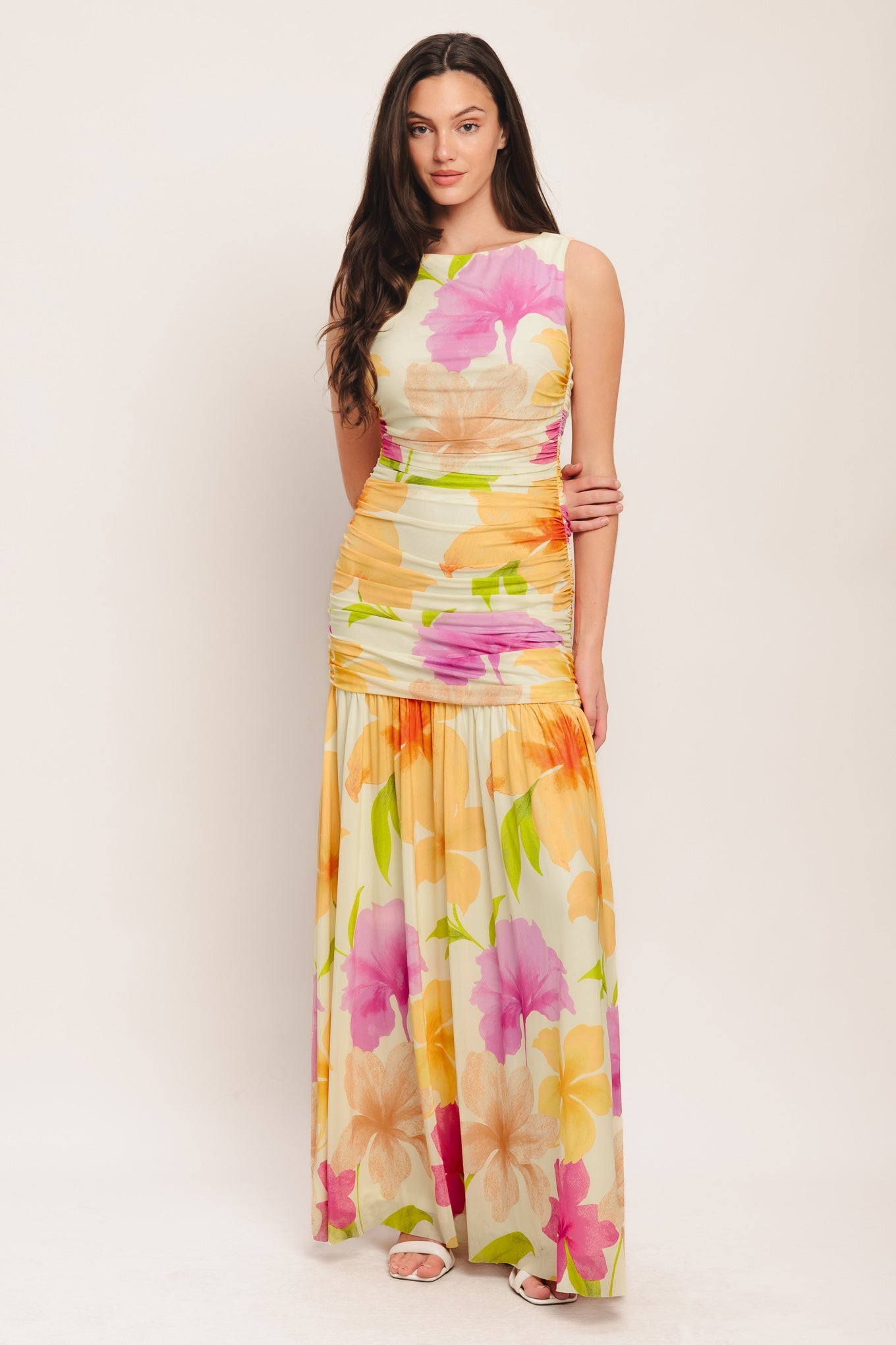 Tropical Warm Breeze Blooms Resort Mesh Maxi Dress