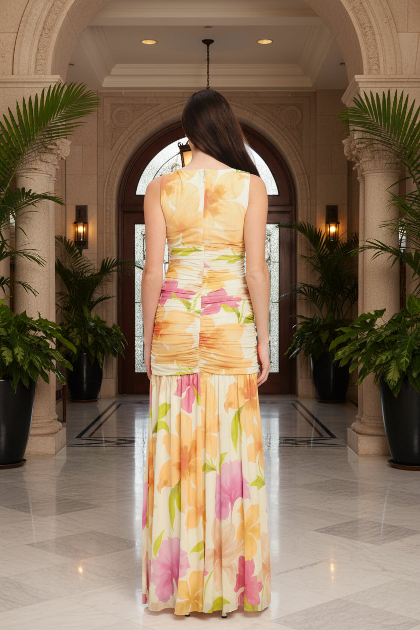 Tropical Warm Breeze Blooms Resort Mesh Maxi Dress