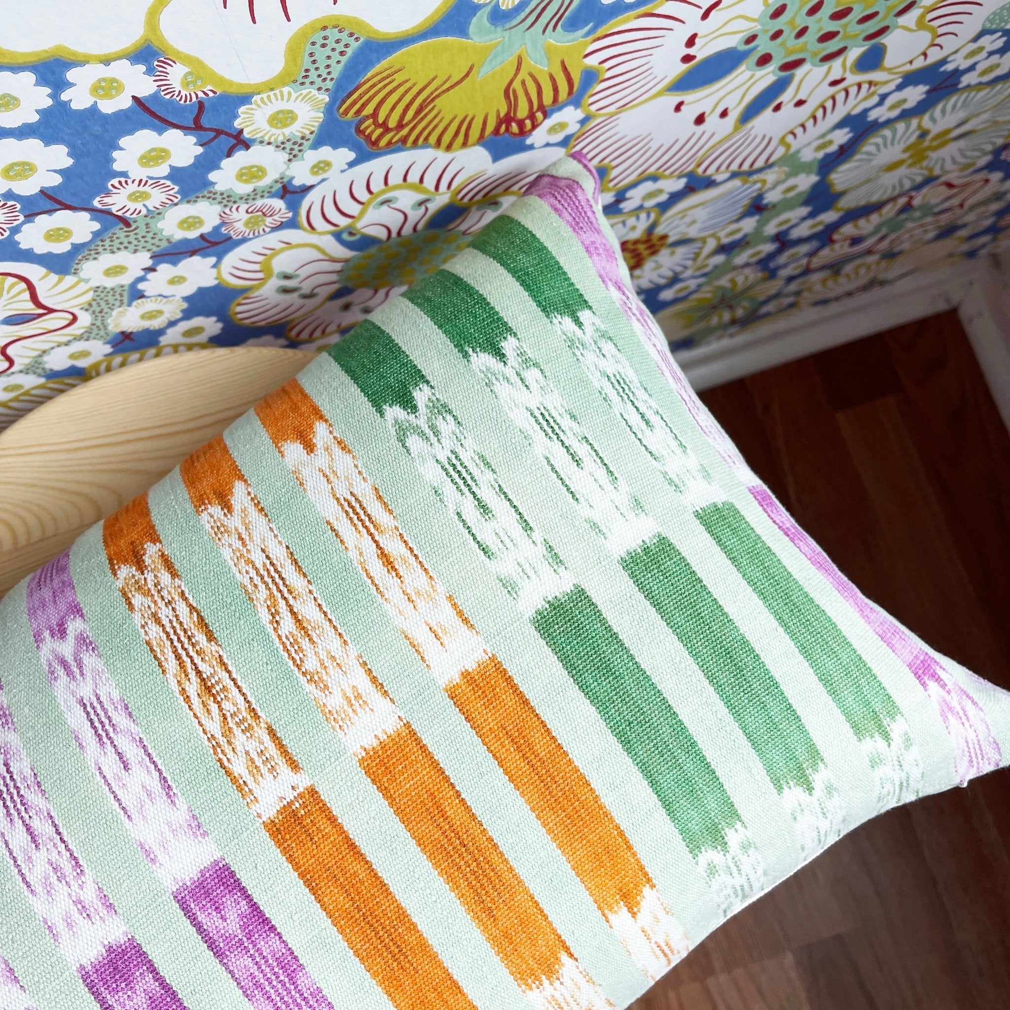 Handmade Artisan Vintage Ikat Mint Green, Orange & Magenta Stripe Pillow