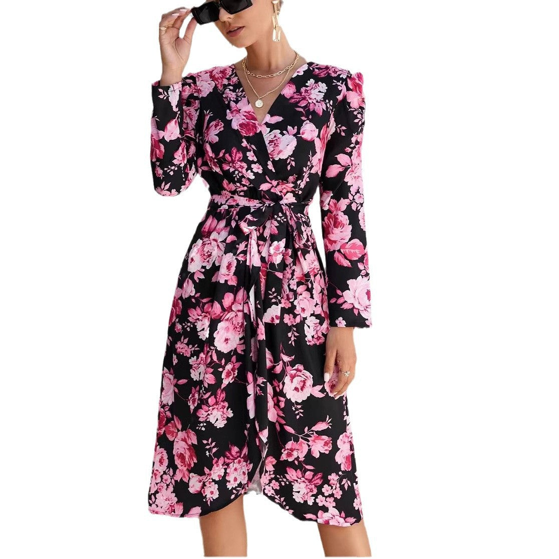 Printed V-Neck Long Sleeve Side-Slit Tie-Front Dress – Wrap-Style Dress