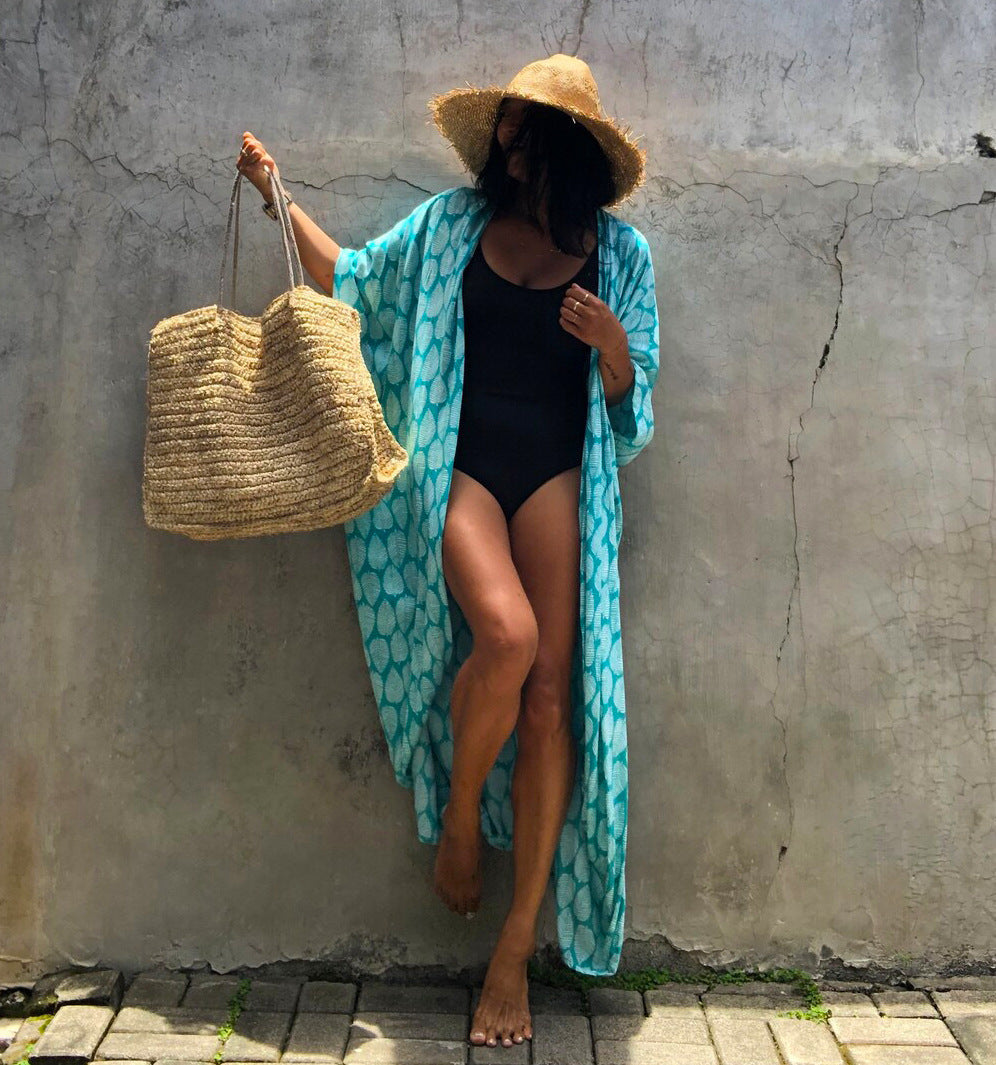 Cotton Leaf Print Beach Cover-Up