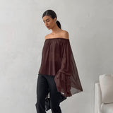 Boat Neck Brown Chiffon off the Shoulder Top Ruffled Shirt
