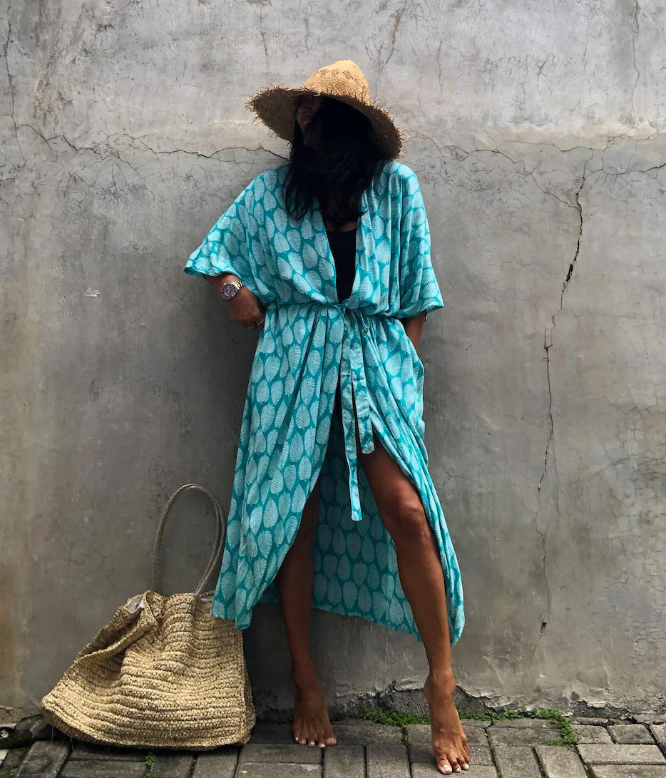 Cotton Leaf Print Beach Cover-Up