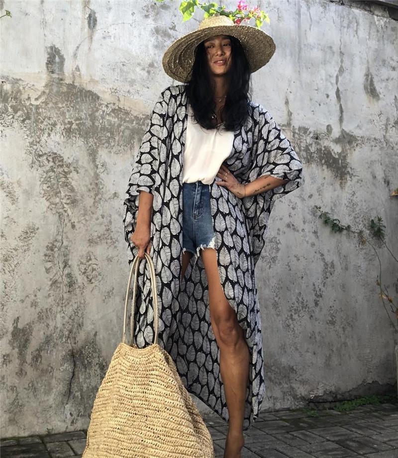 Cotton Leaf Print Beach Cover-Up