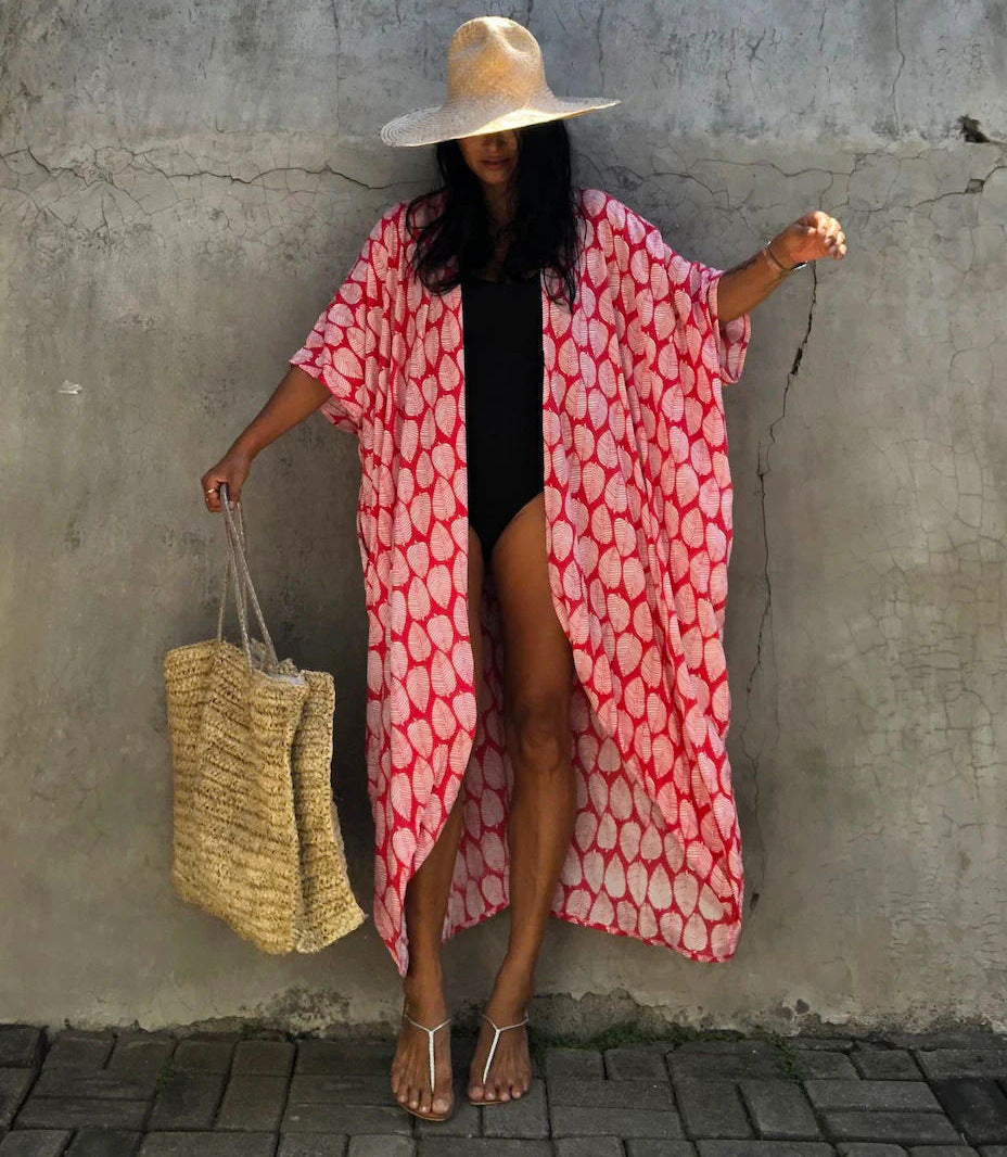 Cotton Leaf Print Beach Cover-Up