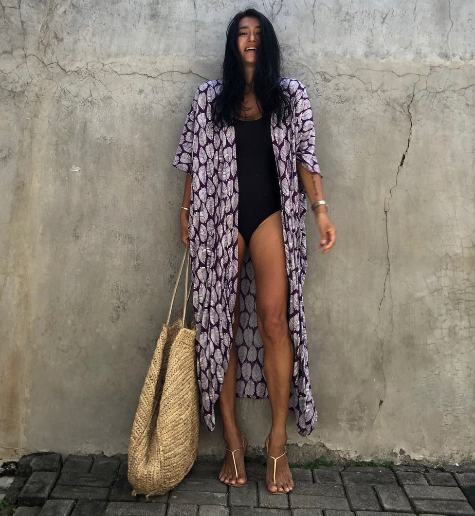 Cotton Leaf Print Beach Cover-Up