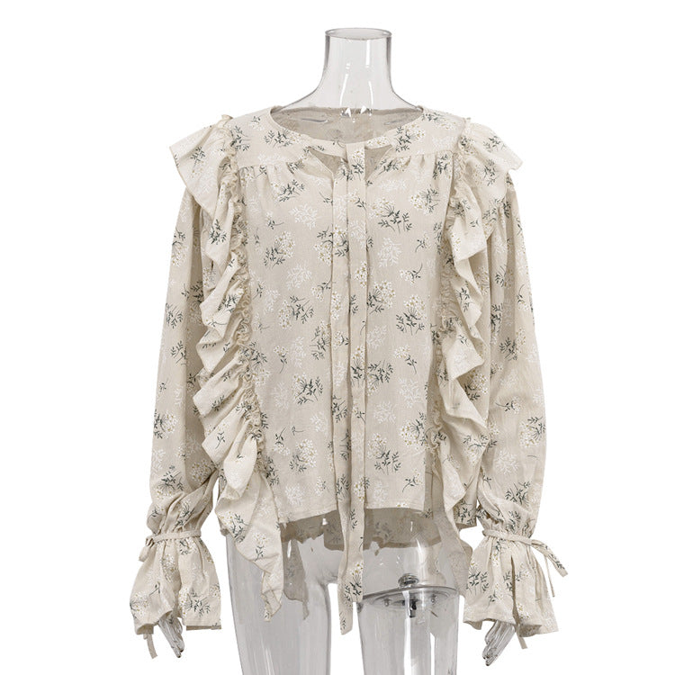 French Design Ruffled Tied Printed Shirt Women Arrival round Neck Flared Sleeves