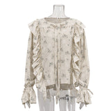 French Design Ruffled Tied Printed Shirt Women Arrival round Neck Flared Sleeves