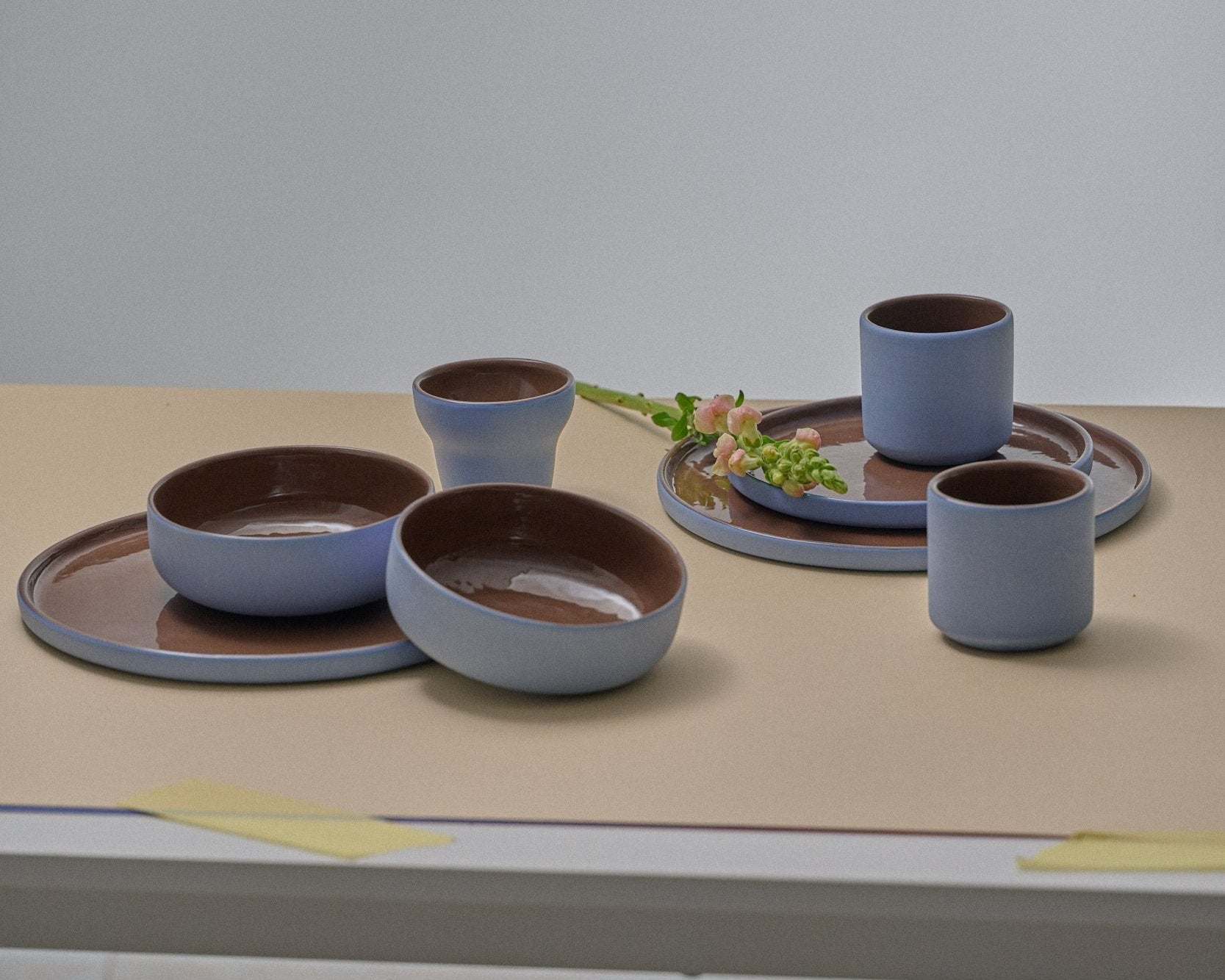 Handmade Blue Porcelain Dinner Plates. Forget-me-not/Chocolate