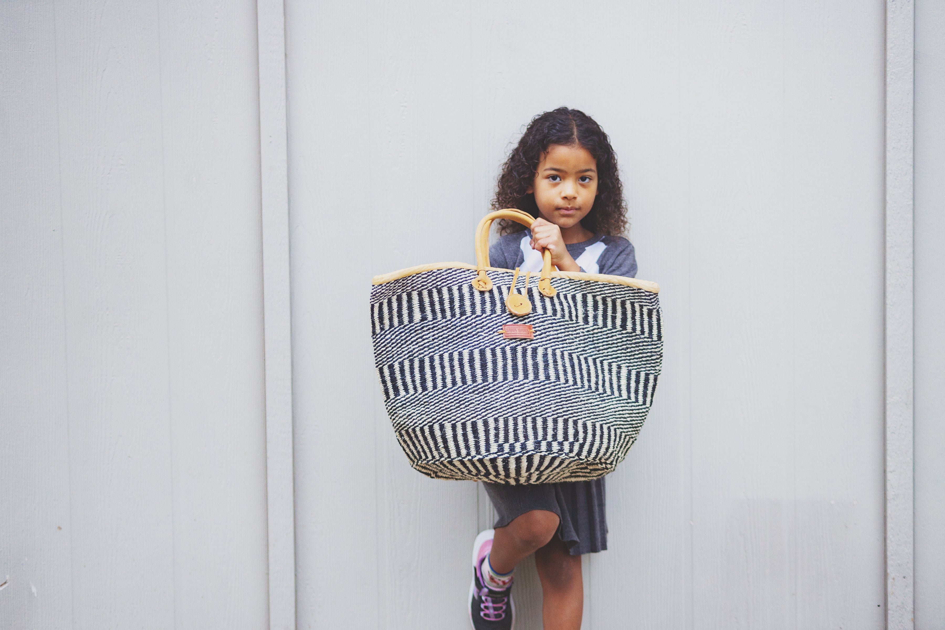 Kenyan Artisan Balance Stripes Handwoven Beach Straw Tote Basket