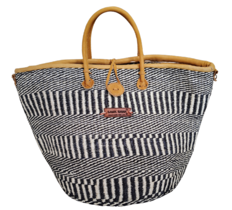 Kenyan Artisan Balance Stripes Handwoven Beach Straw Tote Basket
