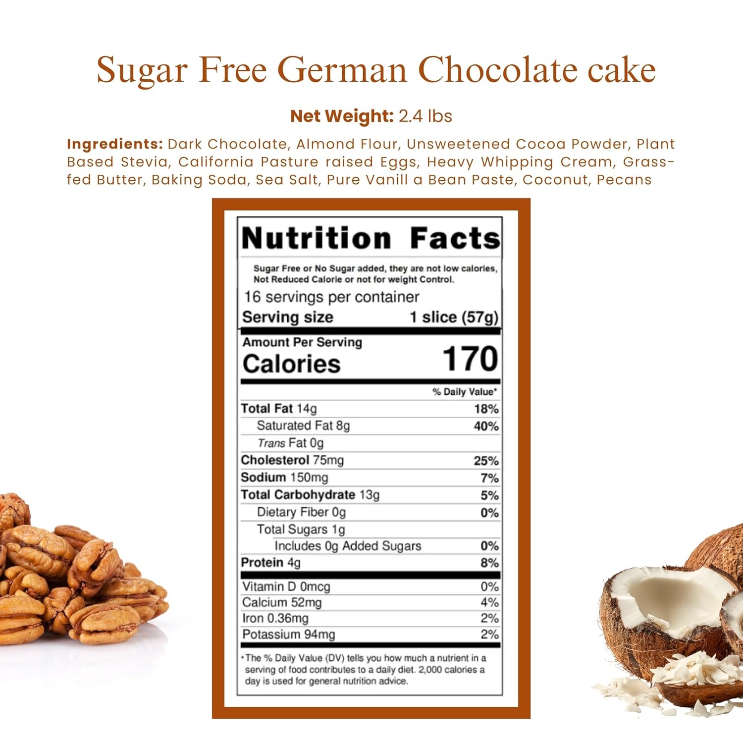 Sugar-Free German Chocolate Cake, 2.4 lb – Belgian Cocoa, Coconut-Pecan Filling