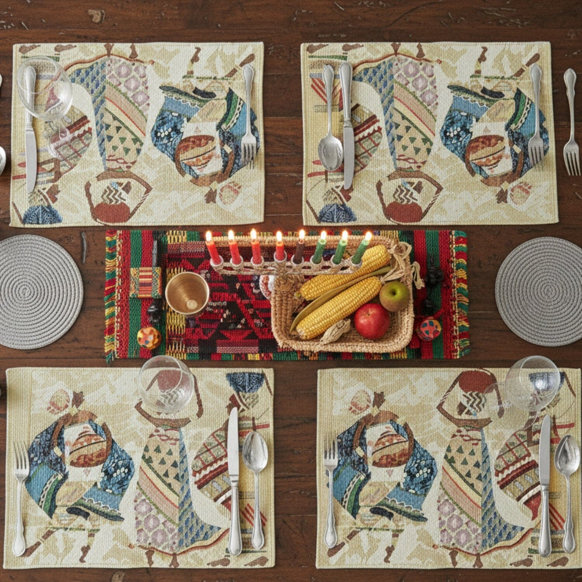 Set of 4-Pieces Dancing Women African Kwanzaa Tapestry Dining Table Placemats 13” x 19” (18117)